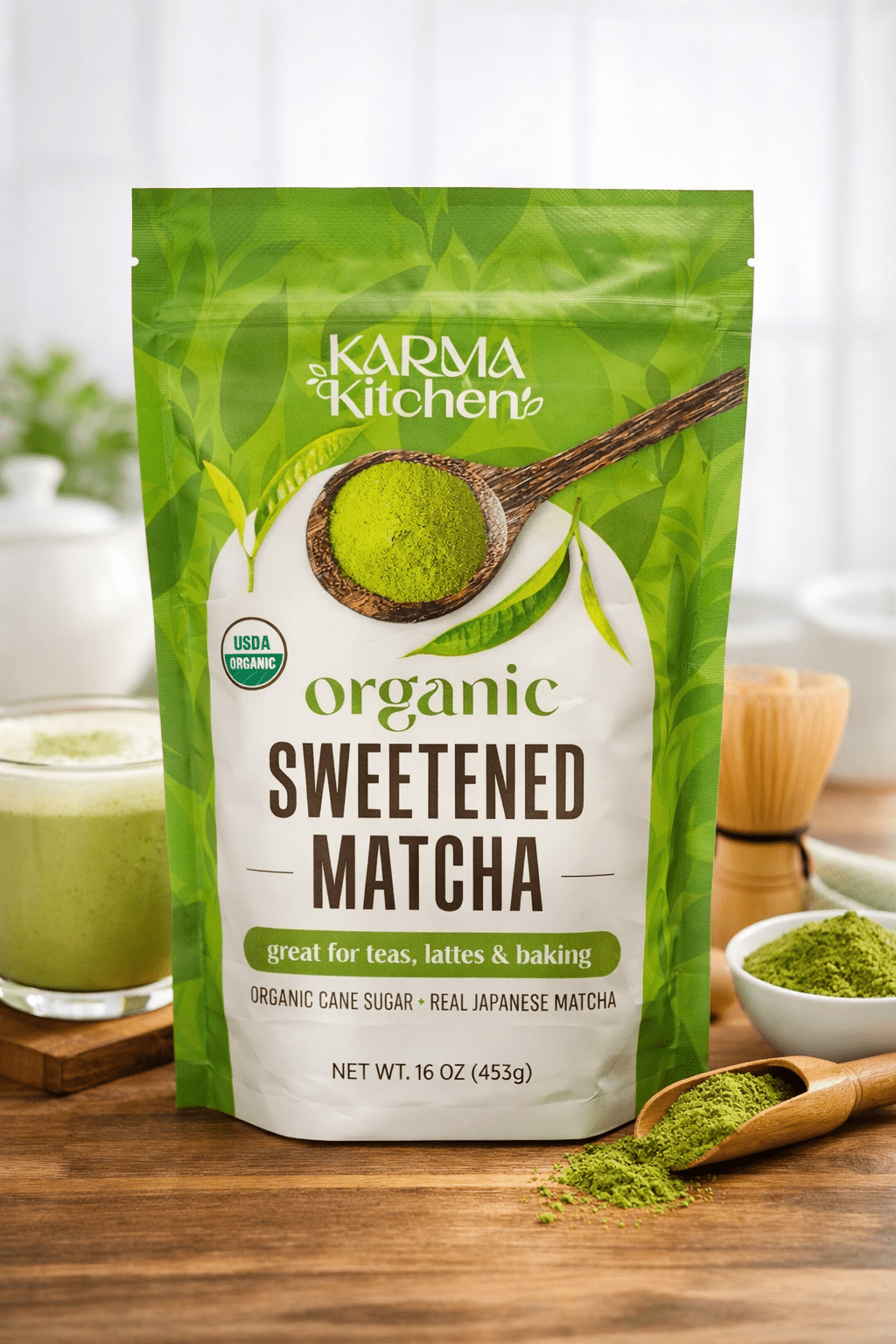 Karma Kitchen Organic Sweetened Matcha Green Tea Powder, USDA Organic, Japanese Matcha with Cane Sugar, Great for Lattes, Teas & Baking, 16 oz