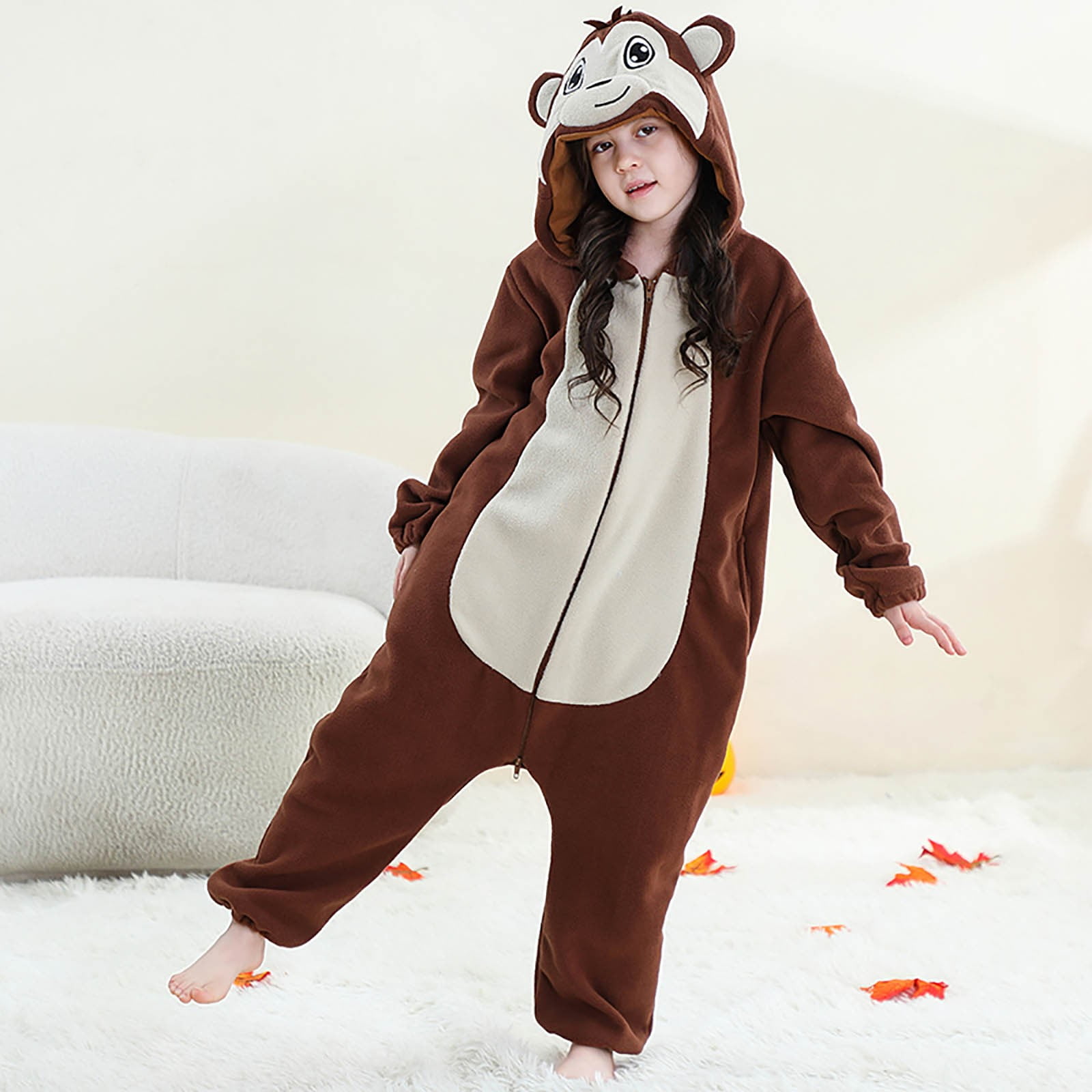 YUEHUA Kids Onesie Animal One Piece Pajamas Christmas Monkey Cos-tume Girls Boys Fleece Hooded Onesie Pajamas Cute Fuzzy Sleepwear Winter Warm Romper Outfits, 11-12 Years