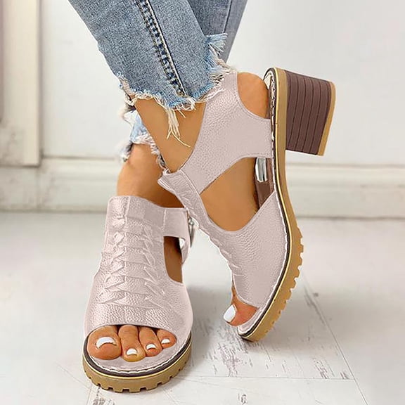 KBODIU Women's Heels, Women Chunky High Heels Sandals Solid Hollow Out Mid Heel Casual Vacation Open Toe Beach Sandals Wedding Heels Prom Heels Heeled Sandals Beige 42