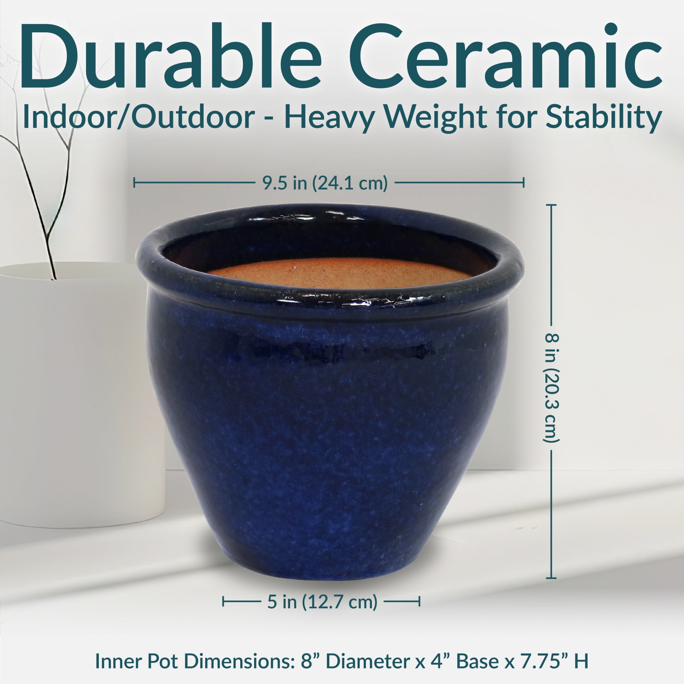 Sunnydaze Chalet 9.5" x 9.5" x 8" Round Imperial Blue Ceramic Outdoor Planter 2-Count