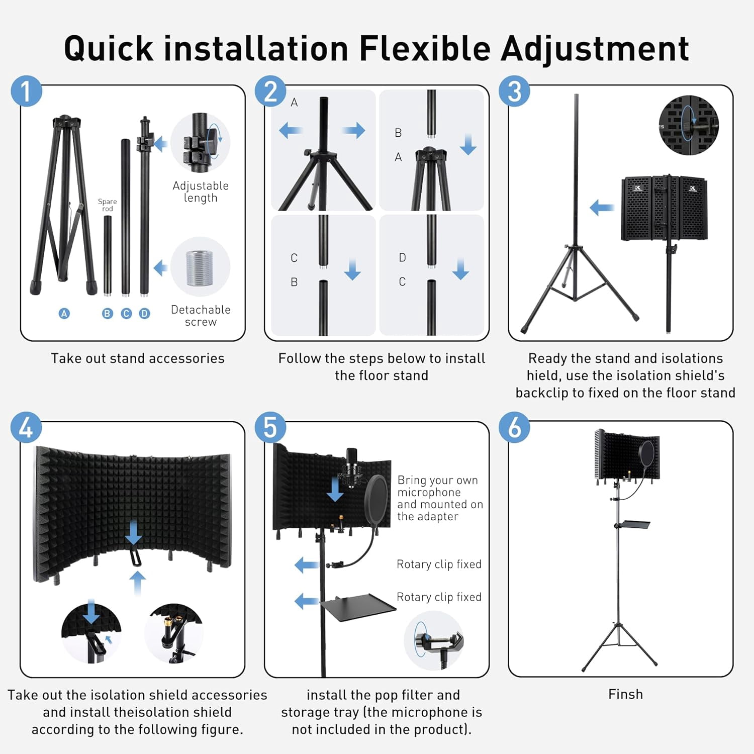 5-Sided Isolation Shield Microphone Stand with  Filter and High-Density Foam, Adjustable Tripod for Home Studio Podcasting