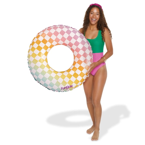 Funsicle Rainbow Checkered FunTube, 31" Inflatable Pool Float, Multicolor, Age 9 and up