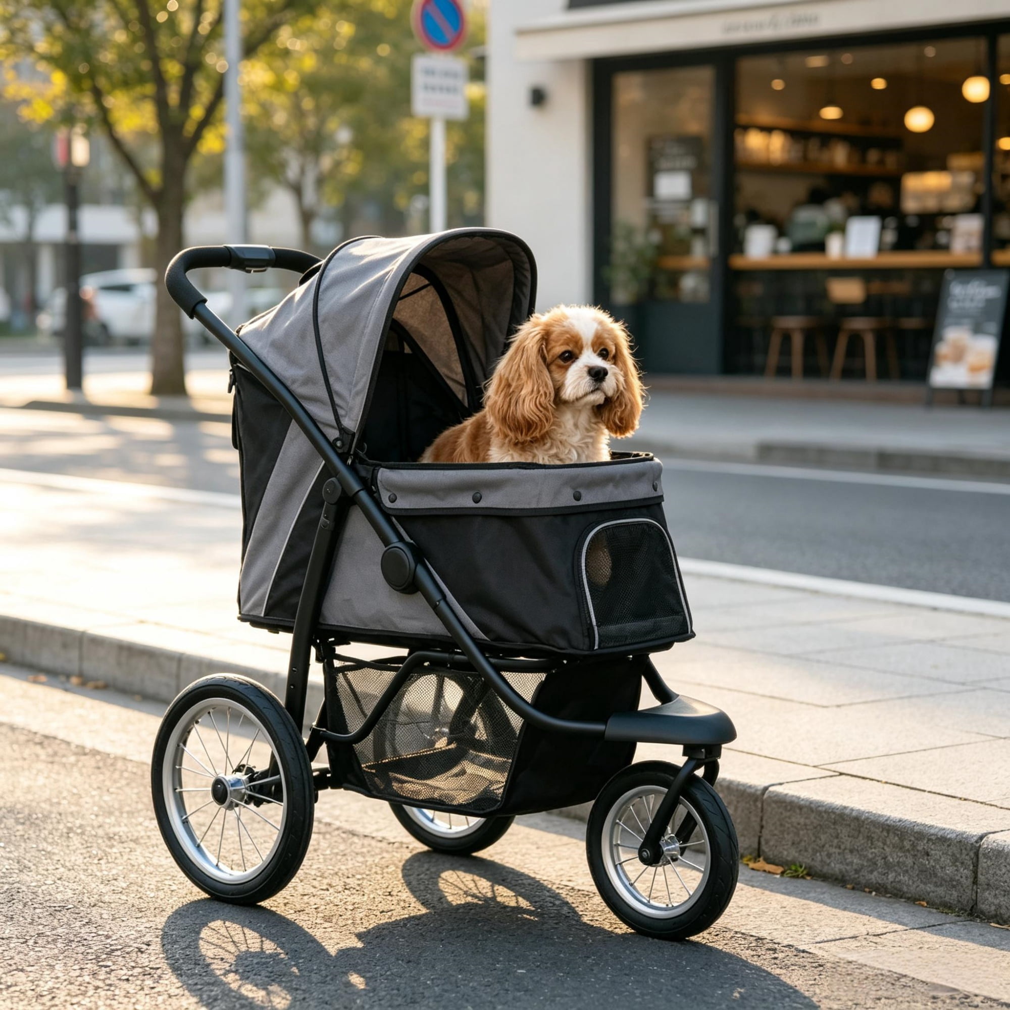 3-Wheel Pet Stroller for Small & Medium Dogs, Adjustable Canopy, Safety Tether, Storage Basket, Gray