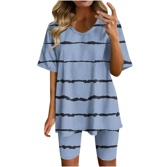 fartey Prime Day Deals Today Womens Sets 2 Piece Outfits Short Sleeve Crewneck Roomy Tshirt Elastic Waist Slim Comfy Shorts Stripe Print Outfits
