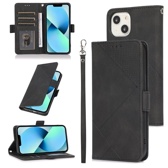 Skin-Friendly Wallet Case for iPhone 14, Premium PU Leather Shockproof Card Slots Cash Holder Flip Cover with Kickstand Folio Magnetic Clasp Wrist Hand Strap Handbag Case,Black