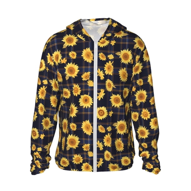 Fotbe Royal Blue Plaid Sunflower Chaqueta con Protección Solar UPF 50+ para Hombre y Mujer, Camisa con Capucha y Bolsillos-Medium