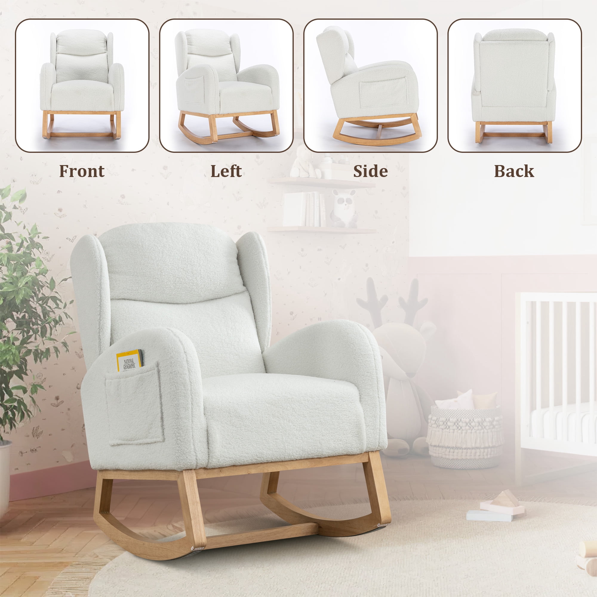 FFH Rocking Chair for Nursery, Teddy Glider Rocker, Reading Chair, Accent Chair, Ivory