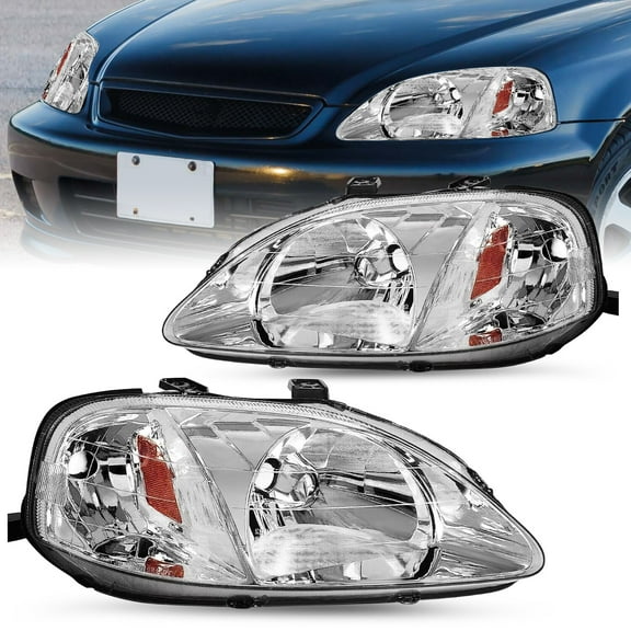 For 1999 2000 Honda Civic DX EX Chrome Housing Amber Corner Headlights Lamps Set
