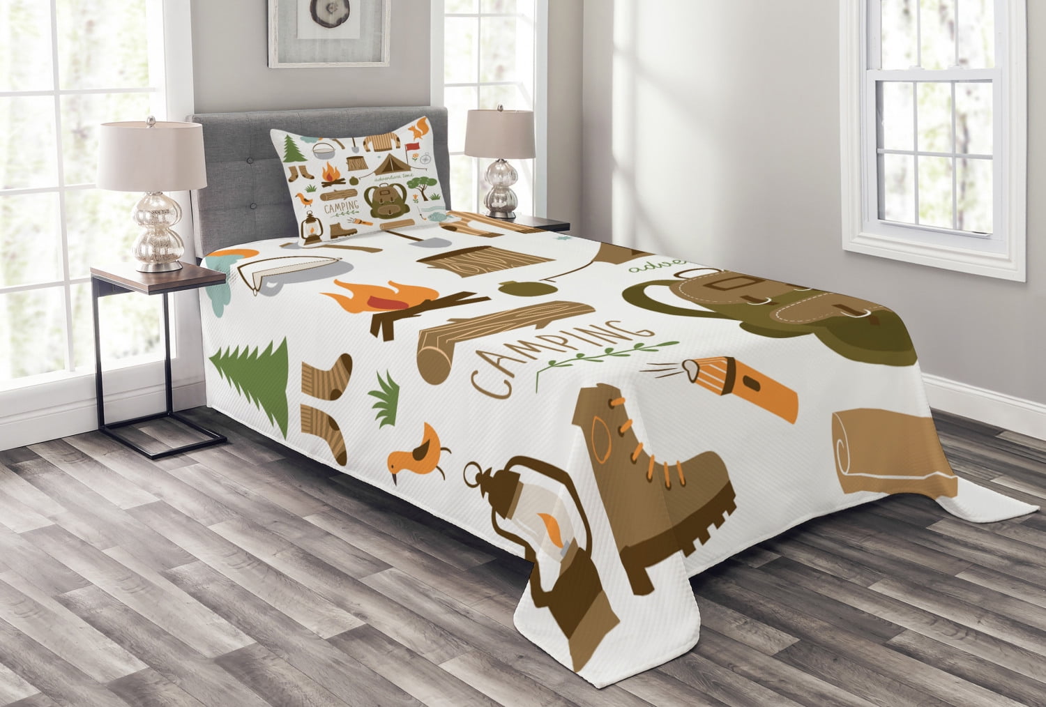 Adventure Bedspread Set Twin Size, Camping Equipment Sleeping Bag Boots