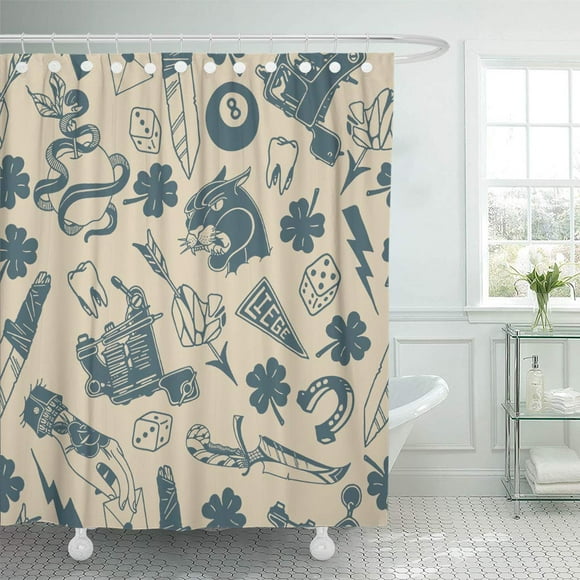 SUTTOM Seamless Pattern Traditional Tattoo Designs Dice Clover Knife Lightning Shower Curtain 66x72 inch