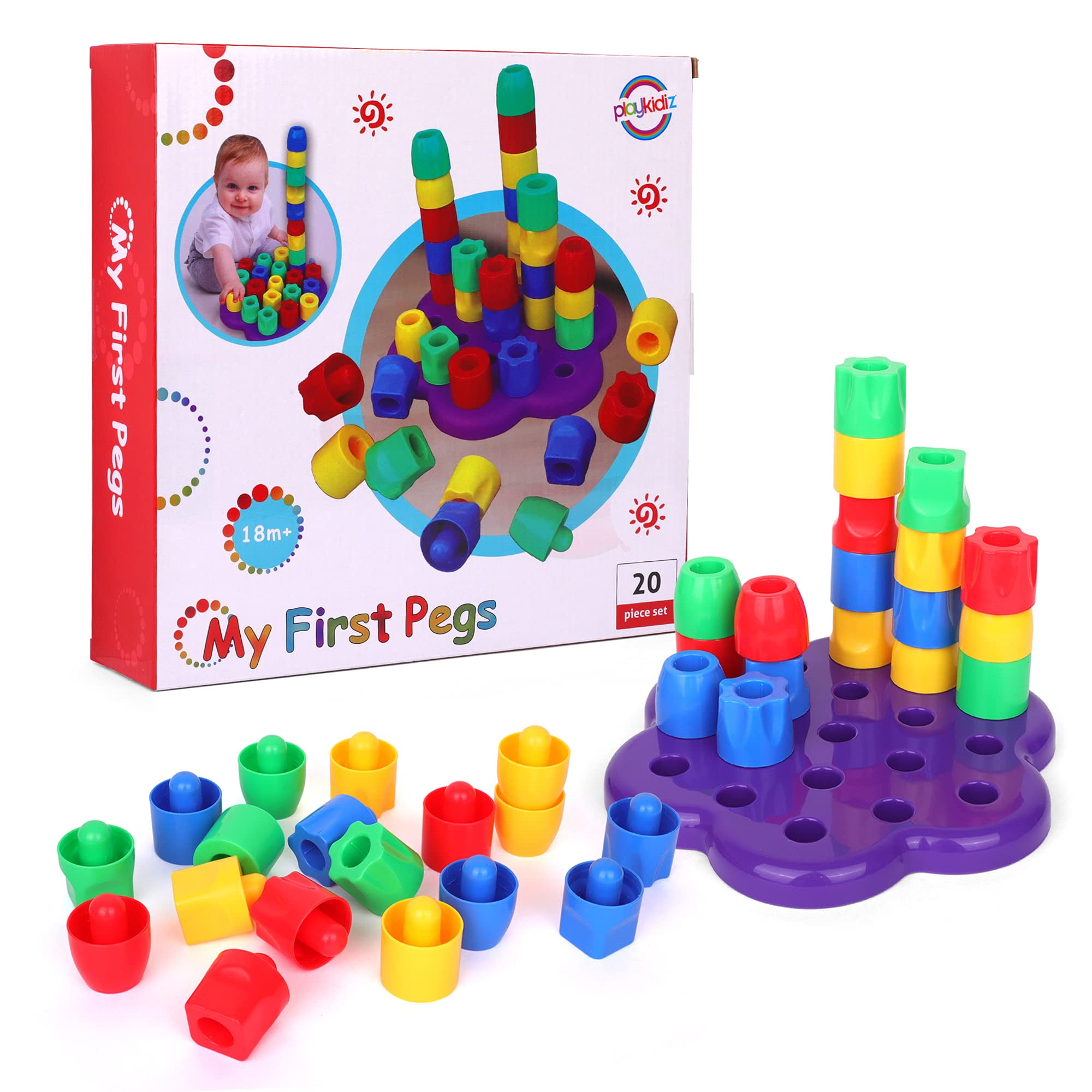 Playkidiz My First Pegs Playset, Large Colored and Fun Shape Stacker