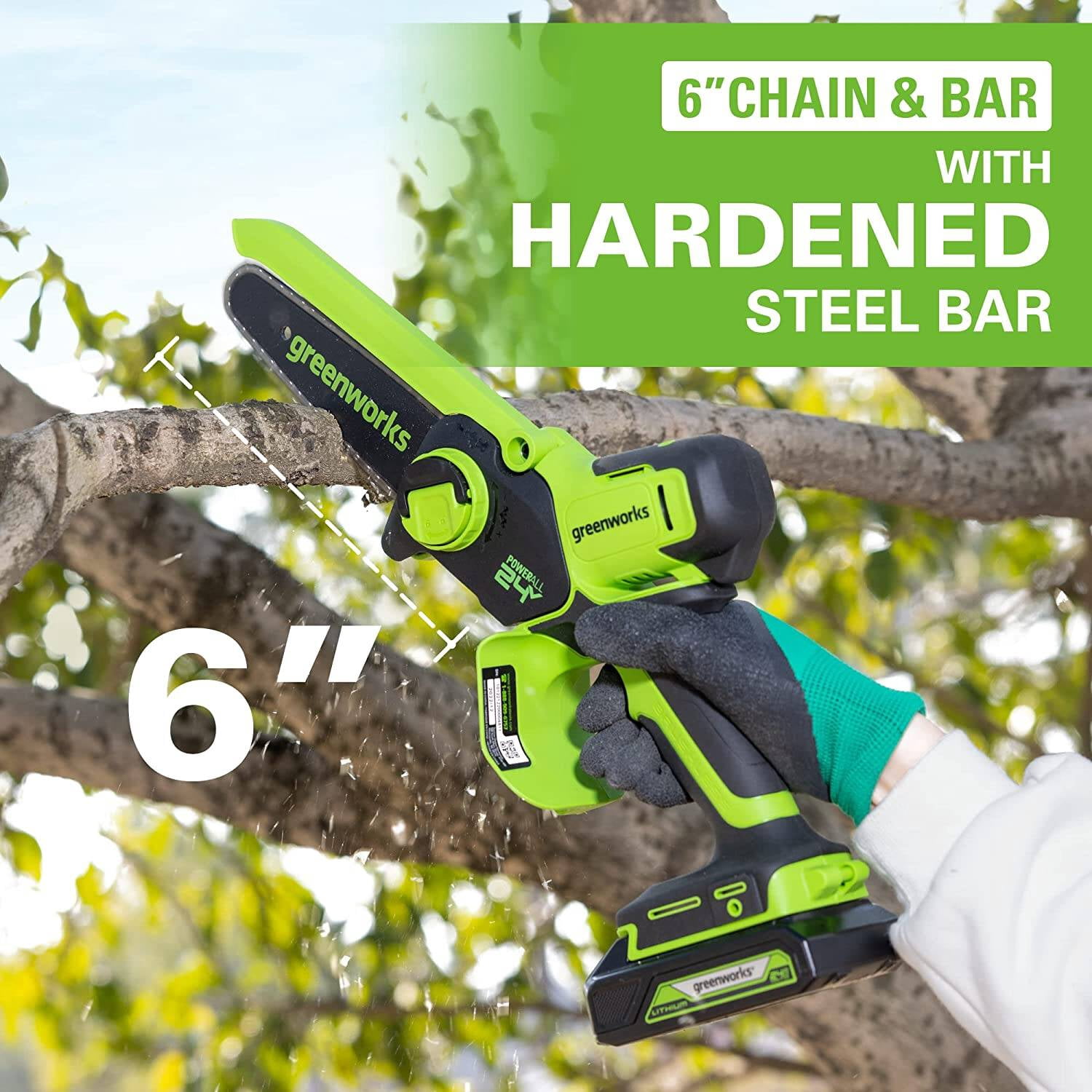Greenworks 24V 6” Brushless Cordless Battery Pruner Chain Saw with 2.0Ah Battery & Charger 2010202