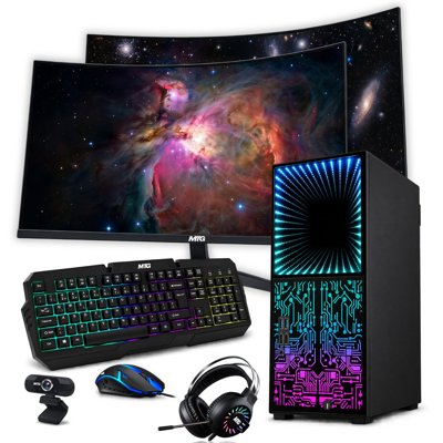 TechMagnet Horizon+ RGB Gaming PC, Core i7 8th Gen, 32GB RAM, 1TB SSD, GTX 1660 Super, Dual 24" Curved Monitors, RGB Keyboard Mouse, Headset, Webcam, Wi-Fi, Win 11