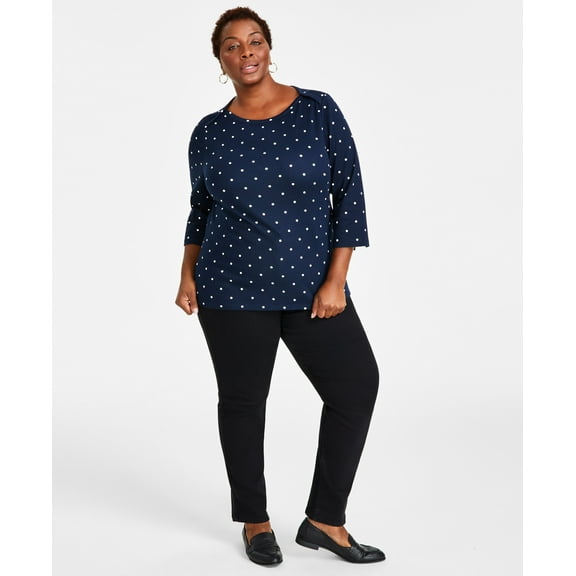 Plus Size Printed Pima Cotton 3/4-Sleeve Top Dot Industrial Blue 1X