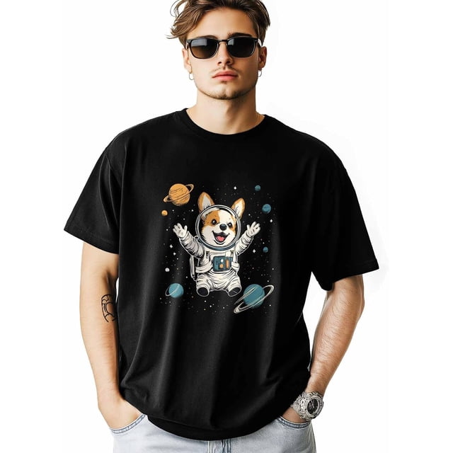 T-Shirts for Men, Space Dog Crew Neck Cotton T-Shirt Men's Short Sleeve