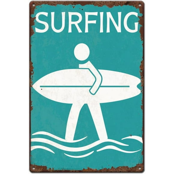 Surfing Metal Signs Beach Logo Tin Sign Surfer Crossing Vintage Tin Signs Surfboard Vintage Wall Art Retro Decor for Living Room Sea Lake Bedroom Beach House Retro Metal Decor 30x20cm