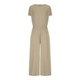 thumbnail image 6 of Wyobmus Women's Summer Linen Jumpsuits Comfy Short Sleeve Round Neck Jumpsuits Solid Color Casual Wide Leg Waist Rope Jumpsuit Pants Romper With Pockets Khaki, 6 of 9