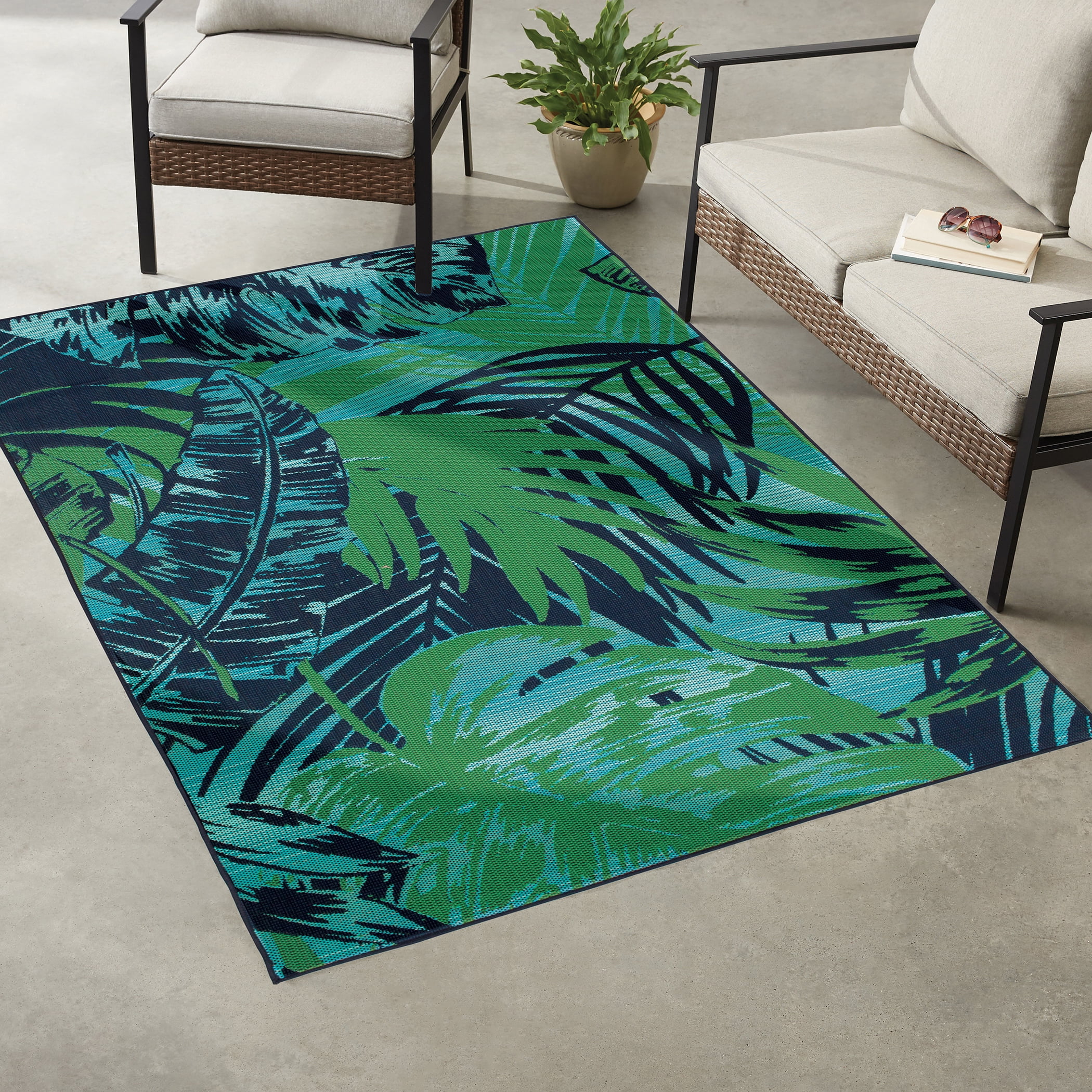 Mainstays Palm 5' x 7' Blue Tropical Outdoor Polypropylene Rug