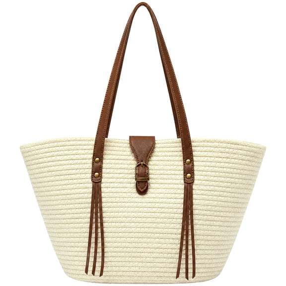 Straw Tote Bag for Women, Large Woven Beach Shoulder Bag, Polyester Raffia Look Purse with PU Leather Handles and Buckle Closure for Vacation Resort Commute