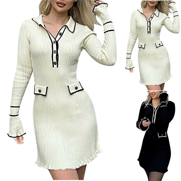 Meichang Bodycon Sweater Dress for Women Long Sleeve Collar V Neck Button Up Knit Dresses Elegant Slim Fit Work Mini Dress