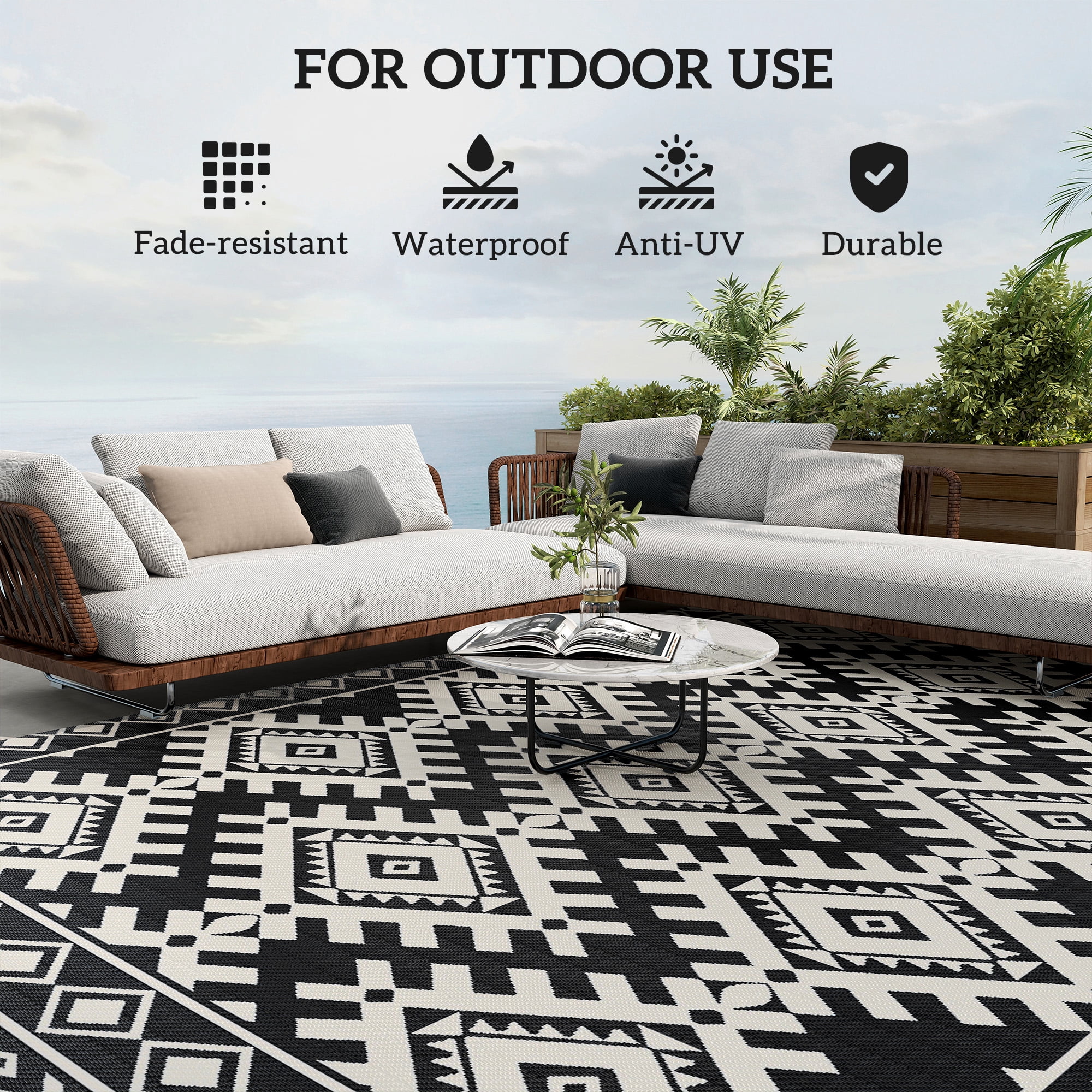 Outsunny Outdoor Patio Rug, Large Camping Carpet with Carrying Bag, 9' x 18' Waterproof Plastic Straw, Reversible, Black & White Rhombus Border