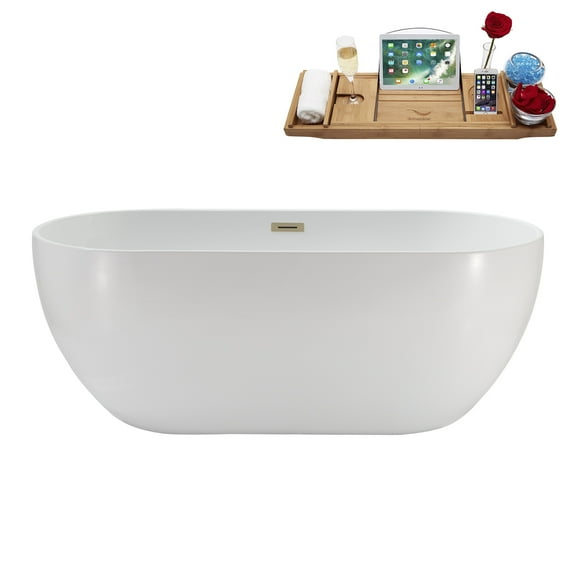62" Streamline N142BBR Soaking Freestanding Tub and Tray With Internal Drain in Brushed Brass