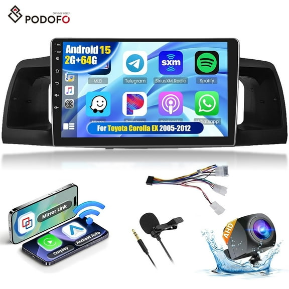 2G 64G Android15 Car Radio for Toyota Corolla ex 2007-2012, Podofo Car Stereo Android Carplay Android Auto GPS Navigation 9 Inch Touch Screen Mirror Link WiFi Bluetooth FM RDS SWC   Backup Camera
