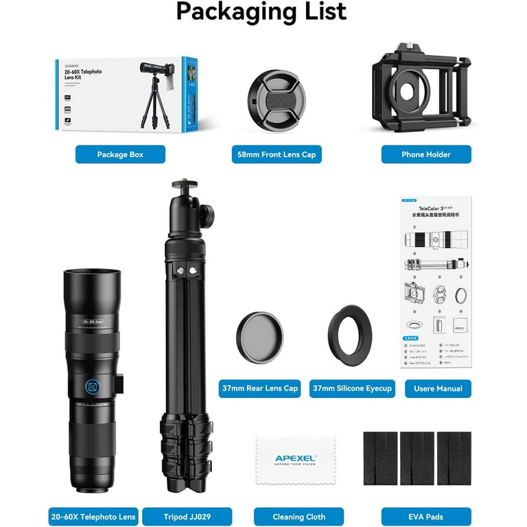 Apexel 20-60X Zoom Telephoto Lens, High Power HD Telephoto Phone