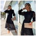 thumbnail image 4 of Elegante vestido de encaje francés para mujer, cuello alto ahuecado, Color sólido, manga larga, faldas de estilo británico, Verano, 4 of 5