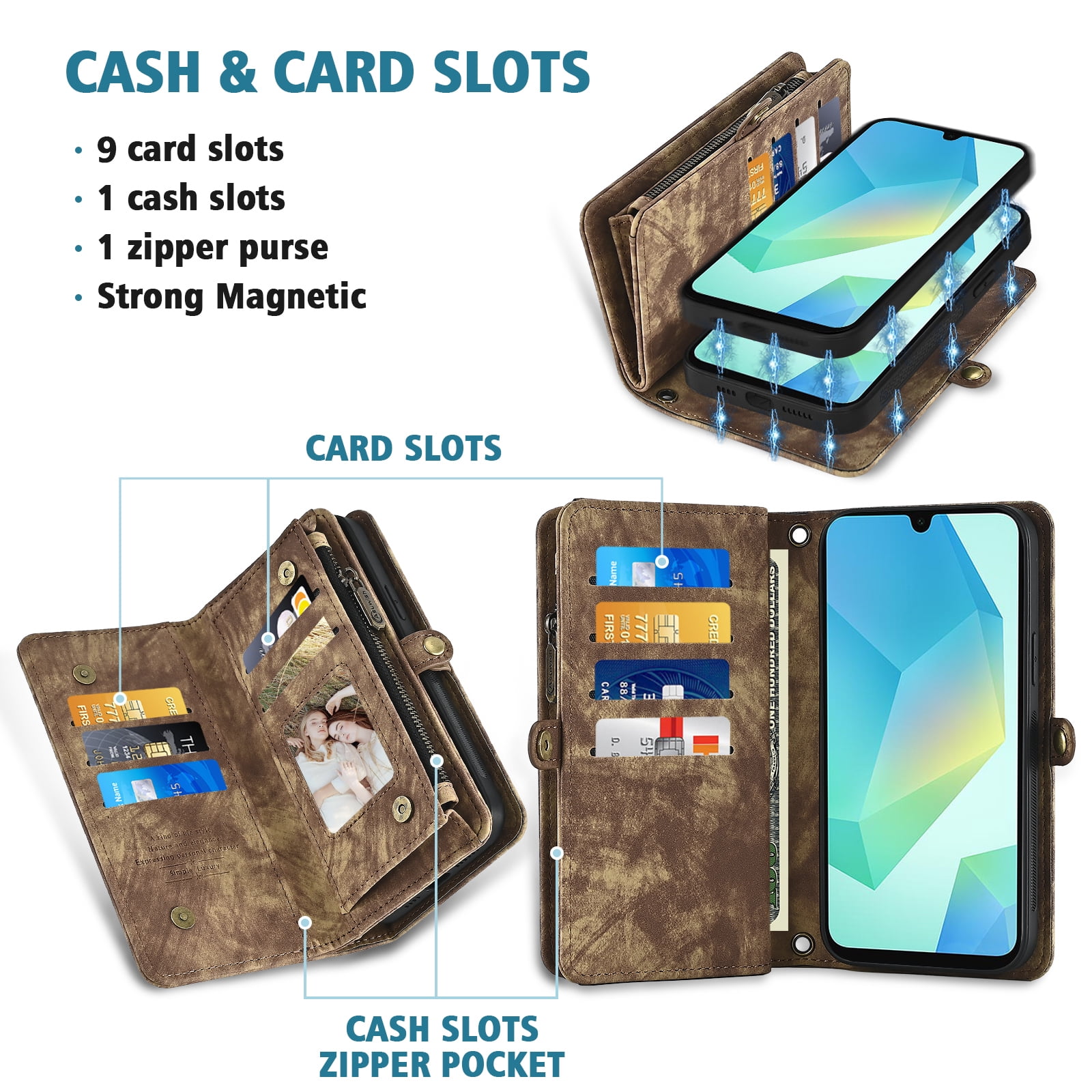 Asuwish Phone Case for Samsung Galaxy A16 5G/4G Zipper Wallet Detachable Cell Cover with Tempered Glass Screen Protector Crossbody Lanyard Strap Flip Card Holder A 16 16A SM-A166U Women Girls Brown