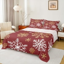 Manfei Red Gold Snowflake Queen Sheet Sets, Merry Christmas Flat Sheet, Teens Boys Girls Kids Queen Fitted Sheet, Super Cozy Room Decor, 4pcs