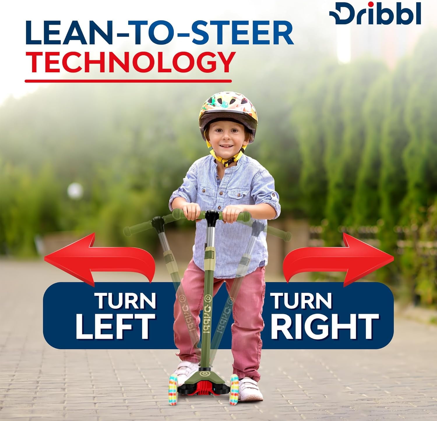 Dribbl 3-Wheel Kids Scooter - Lean-to-Steer Technology, Adjustable Height Handlebar, Wide Anti-Slip Deck, Scooter for Boys & Girls Ages 2+, Child Safety Approved, Support Riders Up to 165 lbs, Army