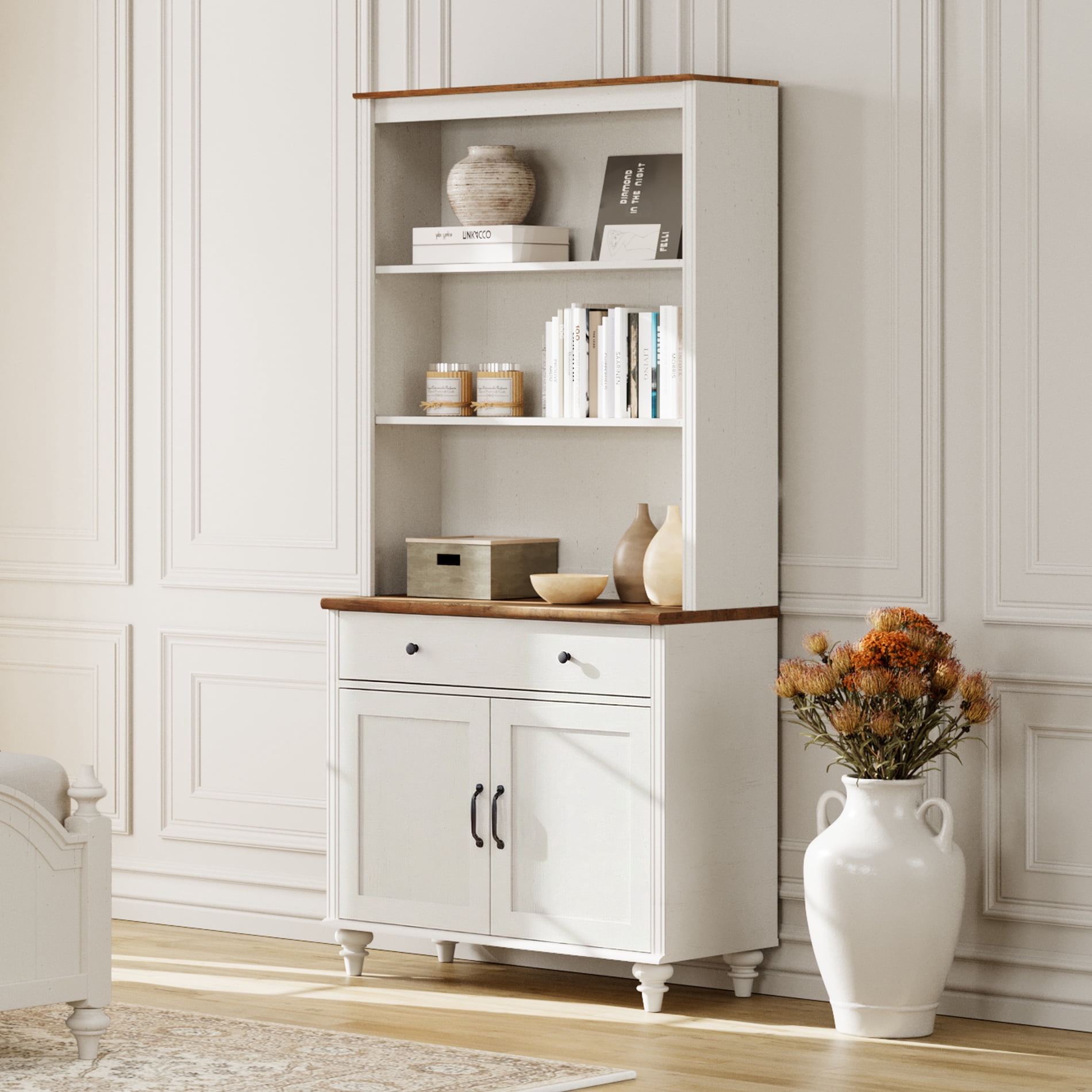 5 Tier Bookshelf 72" Tall Bookcase with Barn Doors, Large Farmhouse Display Book Shelf with Wood Doors and Storage Cabinet，Library Wooden Bookshelves for Living Room, Office, Kitchen, White