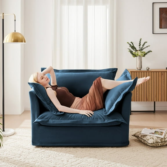 49" W Oversized Chenille Accent Chair with Removable & Washable Slipcover, Deep Seat Comfy Lounge Armchair for Living Room or Bedroom,Blue