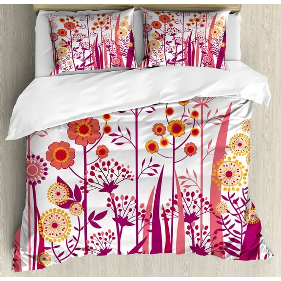 Flower Duvet Cover Set, Garden Pink Florals Buds Leaves Swirls Romantic Modern Art, Decorative 3 Piece Bedding Set with 2 Pillow Shams, Calking Size, Pale Pink Orange, by Ambesonne