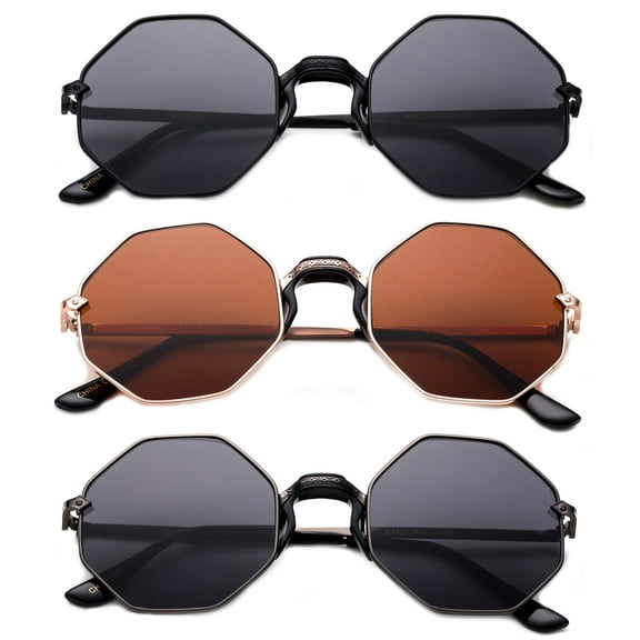 3 Pack Octagon Metal Frame Comfort Plastic Nose Bridge Fashion Sunglasses for Women for Men, Black, Gunmetal & Gold