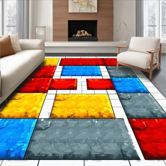 ODIKA 4'x6' Machine Washable Non-Slip Area Rug, Brick for Boys Room High Traffic Rug, Red, 83786