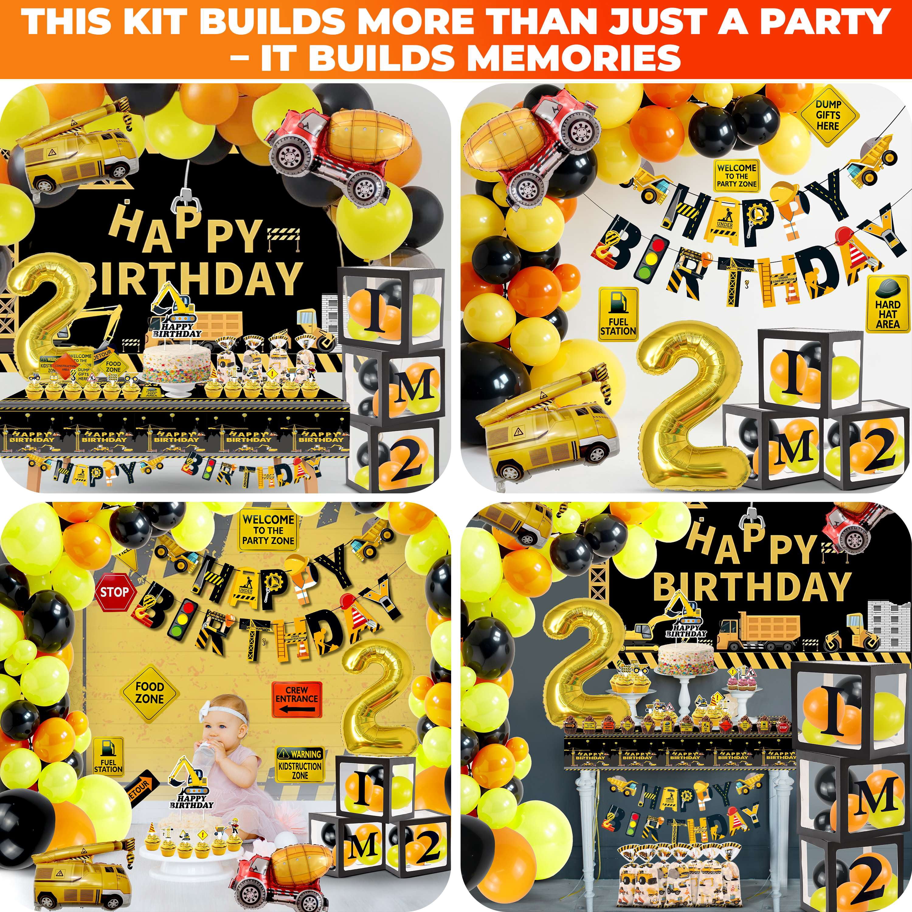 Construction 2nd Birthday Party decorations kit for Boys - Dump Truck Theme Decorations with Construction Backdrop, Banner, Cake & Cupcake Toppers, Tablecloth, and Box Cutout (2nd Birthday)