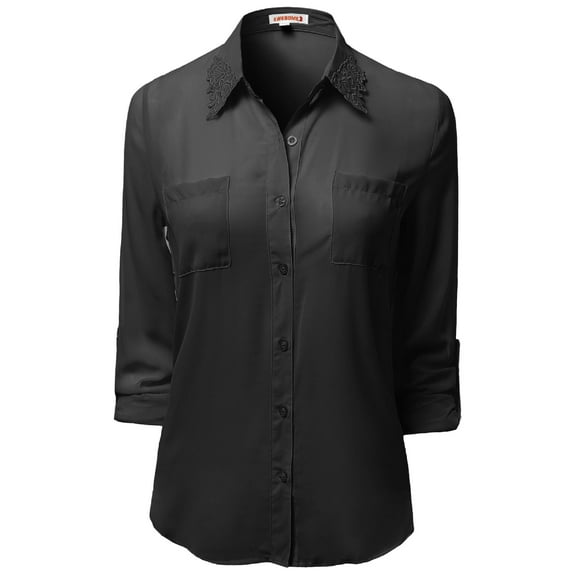 FashionOutfit Women's Lace Embroidered Chiffon Button Down Shirt Blouses