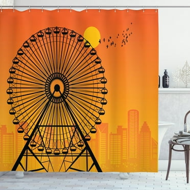 Ambesonne Ferris Wheel Shower Curtain, Cityscape Sunset, 69"Wx70"L, Burnt Orange Orange