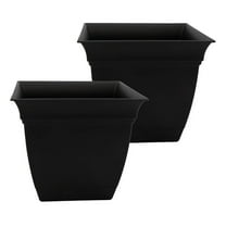 Square Plastic Planters with Saucer - 12" Outdoor & Indoor Plant Pots - UV-Resistant, Drainage - Black (2 Pack)
