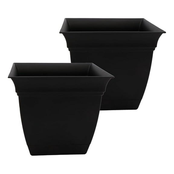 Square Plastic Planters with Saucer - 12" Outdoor & Indoor Plant Pots - UV-Resistant, Drainage - Black (2 Pack)