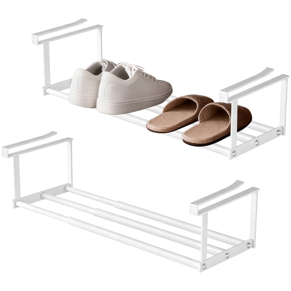 2 Pcs Retractable Shoe Rack, Adjustable Under Cabinet Shoe Organizer, Expandable Closet Shoe Rack, Metal Hanging Shoe Storage Shelf, 16.1-29.5 in / 41-75 cm, White