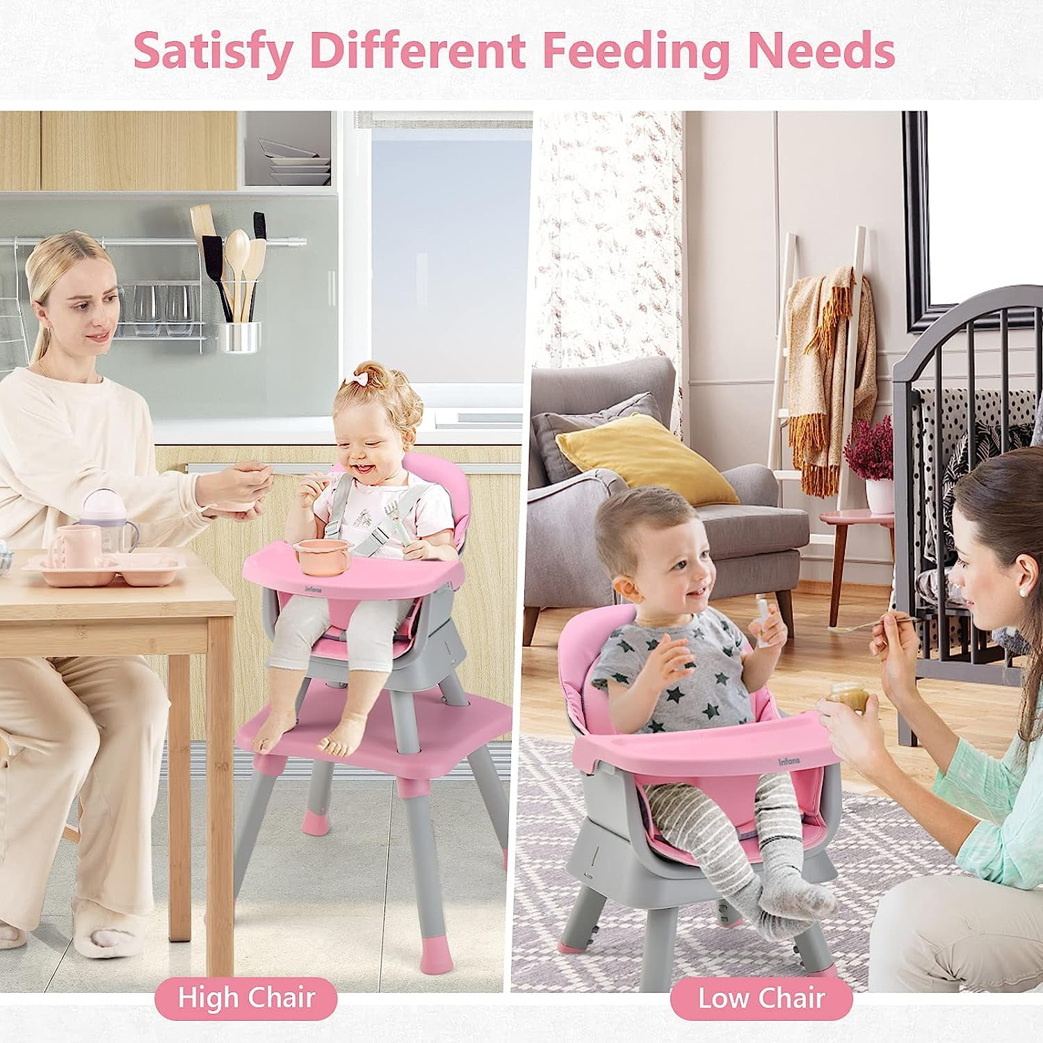 INFANS 8 in 1 Baby High Chair, Convertible Highchair for Babies and Toddlers, Infant Dining Booster Seat, Building Block Table, Kids Stool Table Chair Set with Removable Tray (Pink)