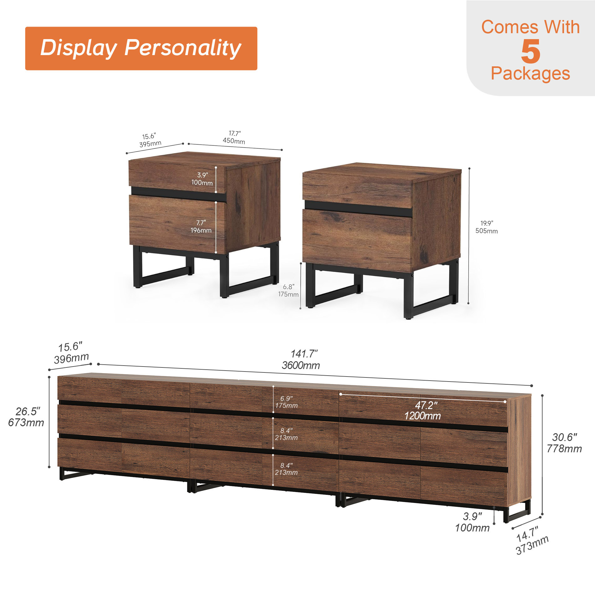 WAMPAT 5-Piece Bedroom Set, Modern 142" 18-Drawer Dresser & 2 Nightstands (2 Drawers Each)