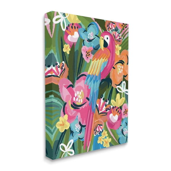 Tropical Flowers And Parrot Whimsical Florals 16 in x 20 in Painting Canvas Art Print, by Stupell Home Décor