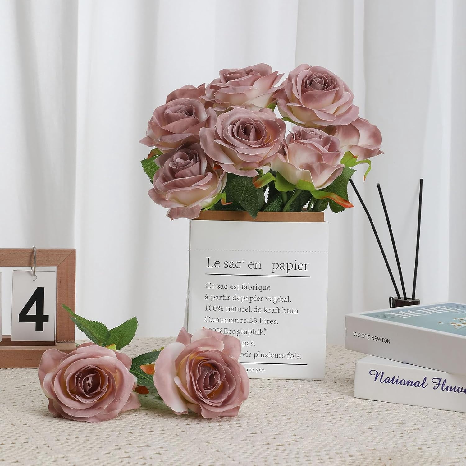 Brown Fake Roses Artificial Flowers - Fake Artificial Roses Silk Flowers with Stems for Home Wedding Hotel Office Centerpiece Decor（Gradient Brown）