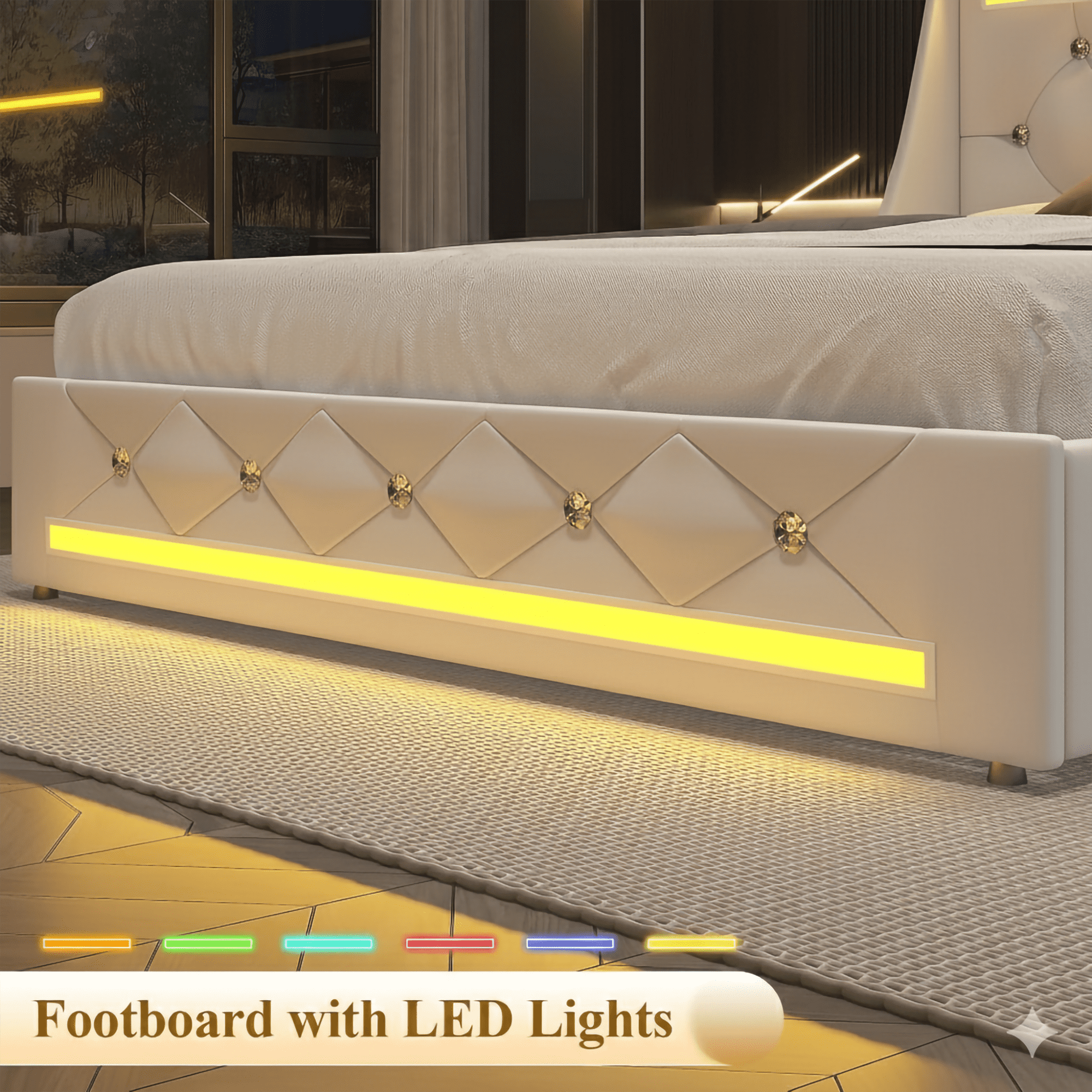 BSHTI Queen Size Faux Leather Upholstered Bed Frame with LED Lights, USB Type-C Ports, 2 Drawers, No Box Spring Needed for Bedroom(White)