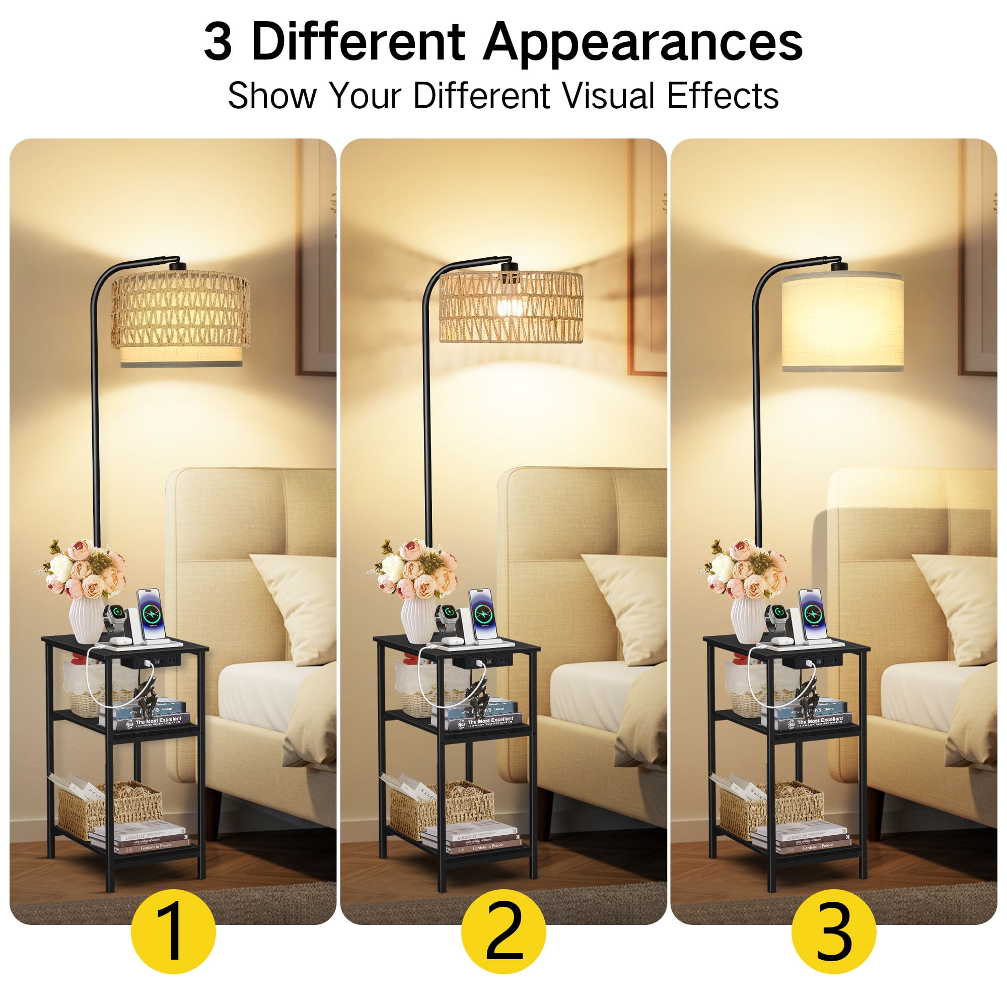 OUTONLIFE Rattan Floor Lamp with Table for Living Room with USB & Type C Charging Station, End Table Lamp with 3-Color Temperature LED Bulb for Bedroom, Black