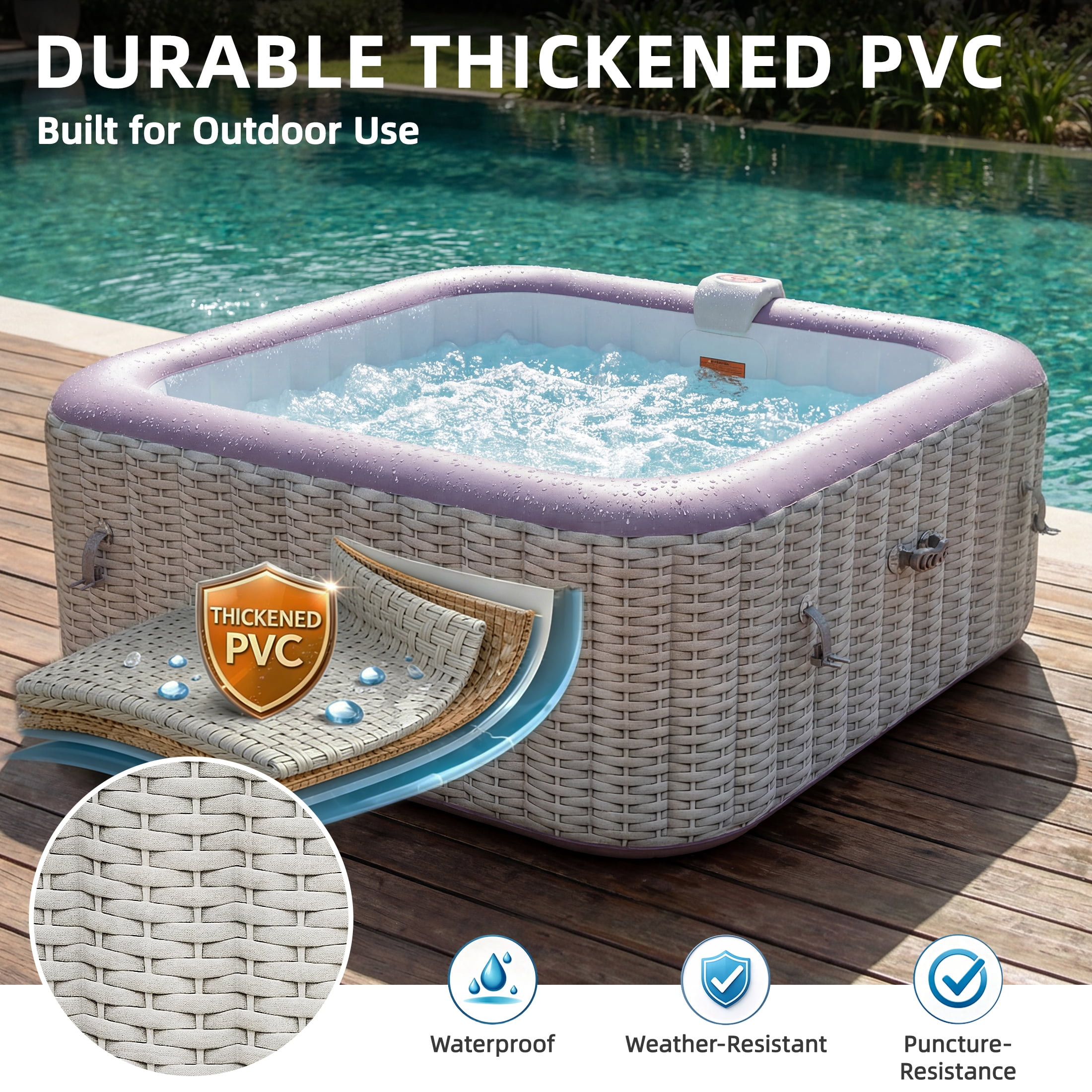Seizeen 4-6 Persons Inflatable Hot Tub, 73in Square Hot Tub with Built-in Pump, Woven Pattern Home Spa with 130pcs Jets, Lockable Cover, 2 Cup Holders, 4 Filters Rapid Heating up to 104°F